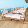 Patio wicker daybed loveseat sofa in boho style with white cushions, perfect for outdoor relaxation and comfort.