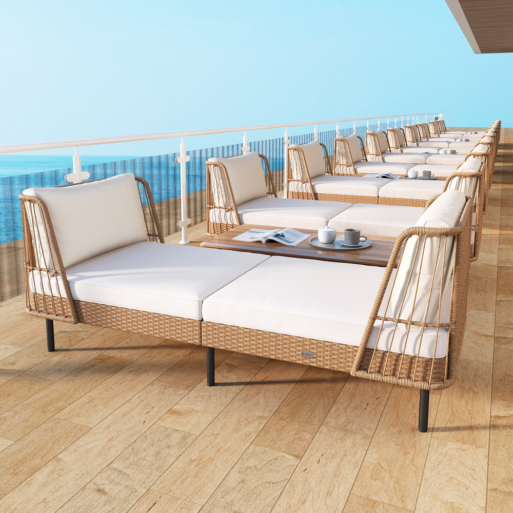 Patio wicker daybed loveseat sofa in boho style with white cushions, perfect for outdoor relaxation and comfort.