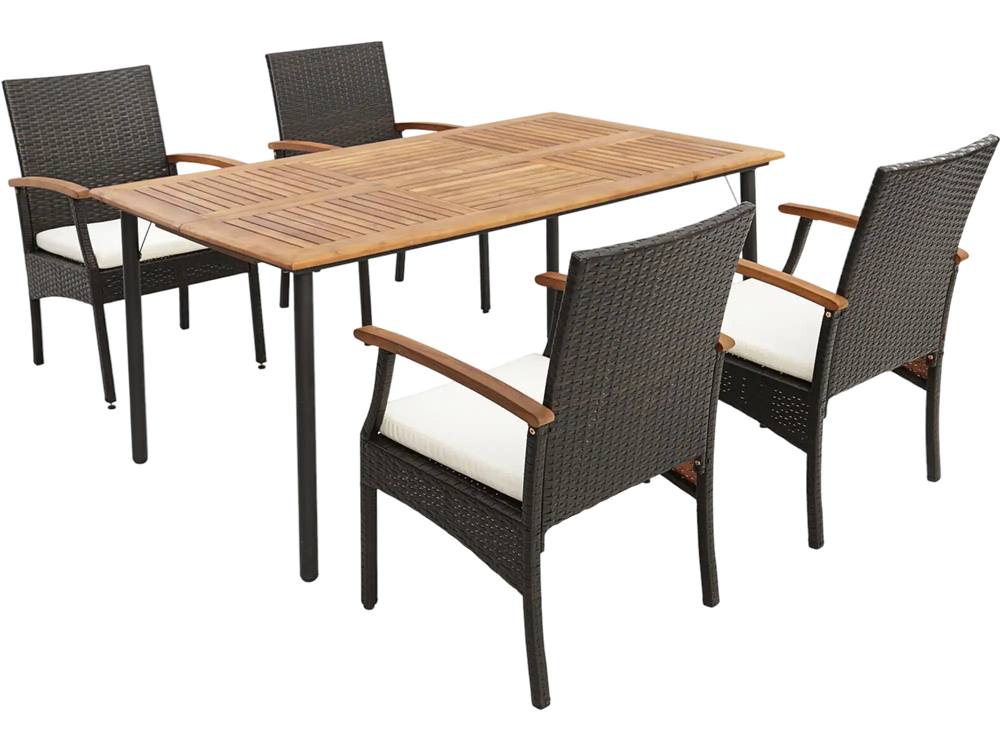 5 Pieces Patio Wicker Cushioned Dining Set with Wood Armrest and Umbrella Hole