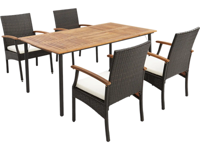 Costway 5-Pc Patio Wicker Cushioned Dining Set w/ Wood Armrests & Umbrella Hole 43572918 New