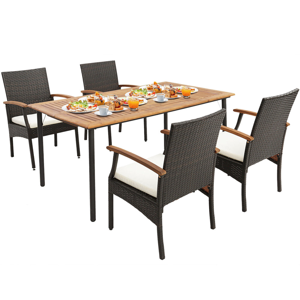 5-piece patio dining set featuring acacia wood tabletop, cushioned chairs, and umbrella hole, perfect for outdoor meals.