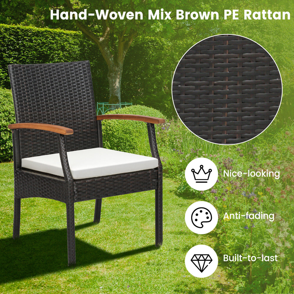 Hand-woven mix brown PE rattan dining chair with wood armrests and soft cushion, perfect for outdoor patio use.