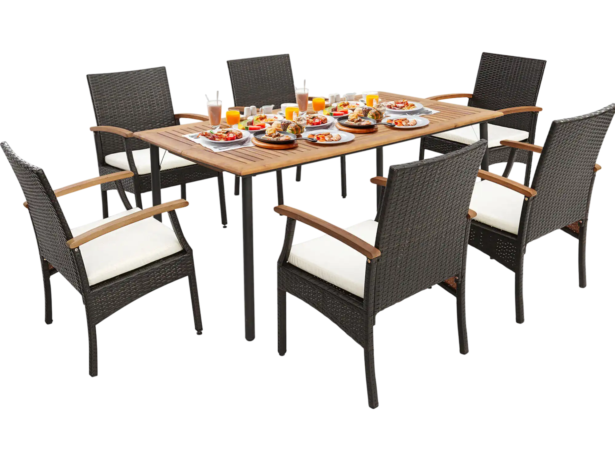 Costway 7-Piece Patio Wicker Cushioned Dining Set w/ Wood Armrests & Umbrella Hole 76593241 New