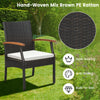 Hand-woven mix brown PE rattan dining chair with wood armrests and cushion, perfect for outdoor patio use.