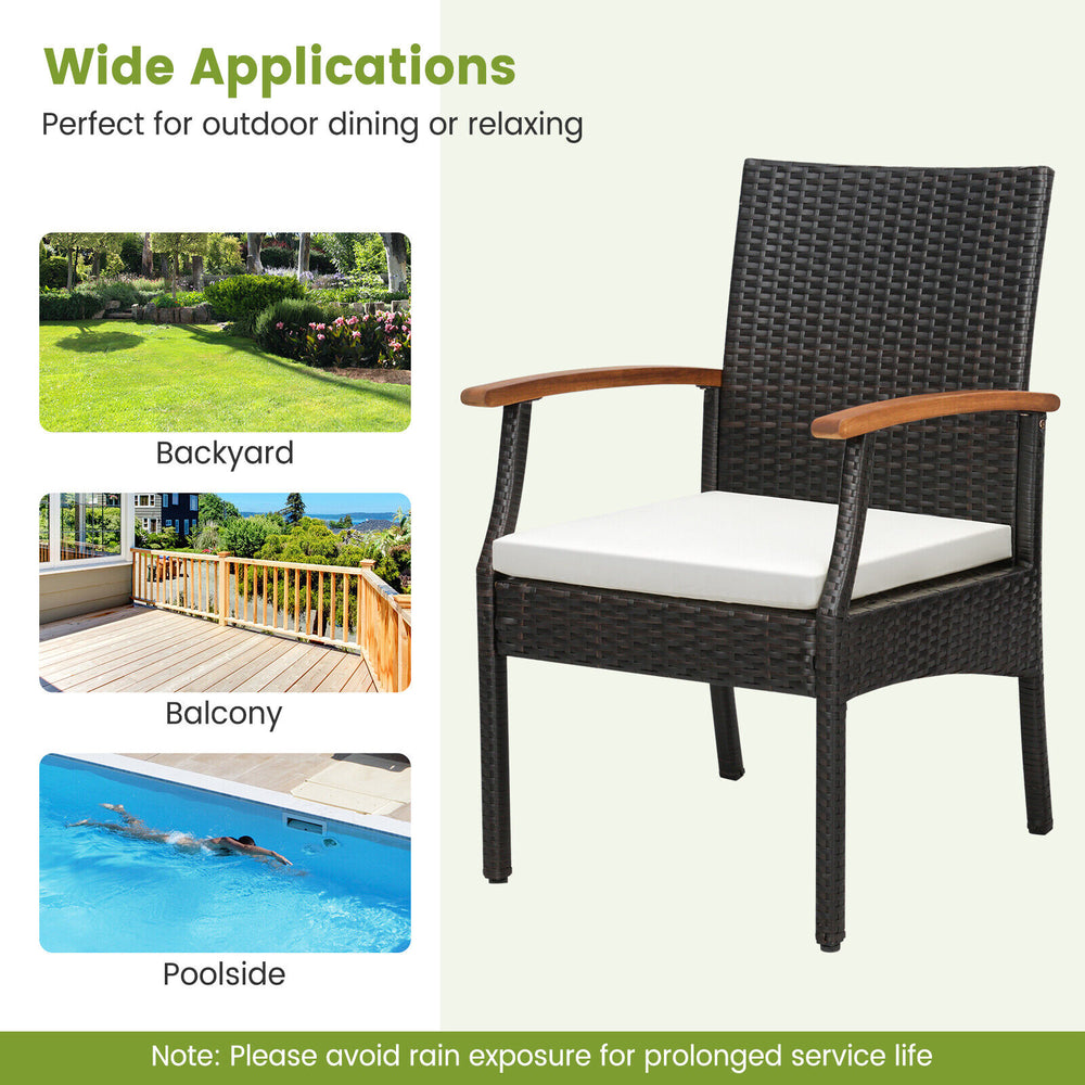 Cushioned patio dining chair with wood armrests, made of PE rattan, ideal for outdoor dining or relaxing by the pool.