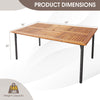 Acacia wood tabletop dining table with metal legs, 63" x 36" dimensions, features umbrella hole for outdoor use.