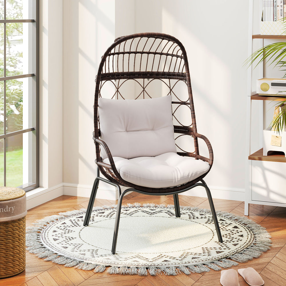 Wicker egg chair with brown PE rattan, soft cushions, and ergonomic design, perfect for indoor or outdoor relaxation.