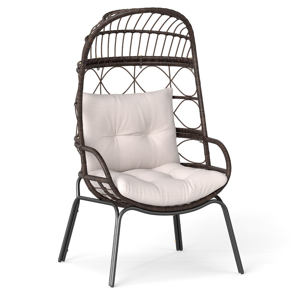 Brown patio wicker egg chair with soft cushions, ergonomic design, and durable metal frame for outdoor relaxation.