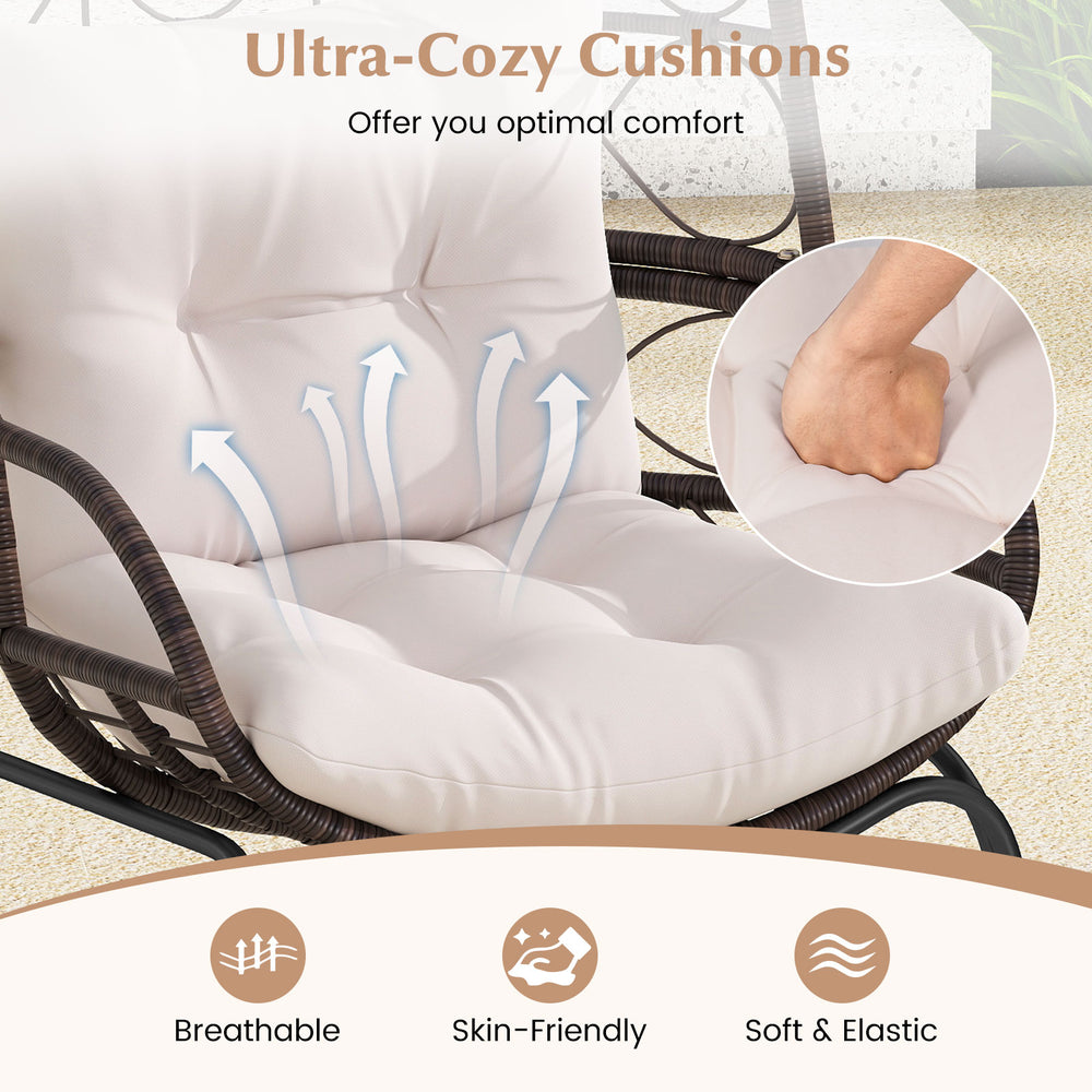Close-up of soft and elastic seat cushions on a brown patio wicker egg chair, designed for optimal comfort and.