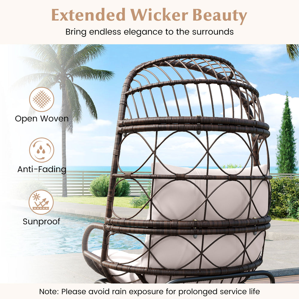 Patio wicker egg chair in brown with soft cushions, featuring a durable PE rattan design for outdoor relaxation.