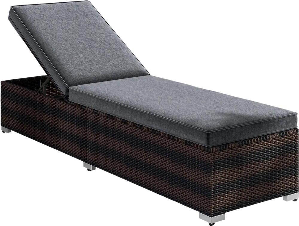 Patio wicker lounge chair with adjustable 4-level backrest and gray cushion, perfect for outdoor relaxation.