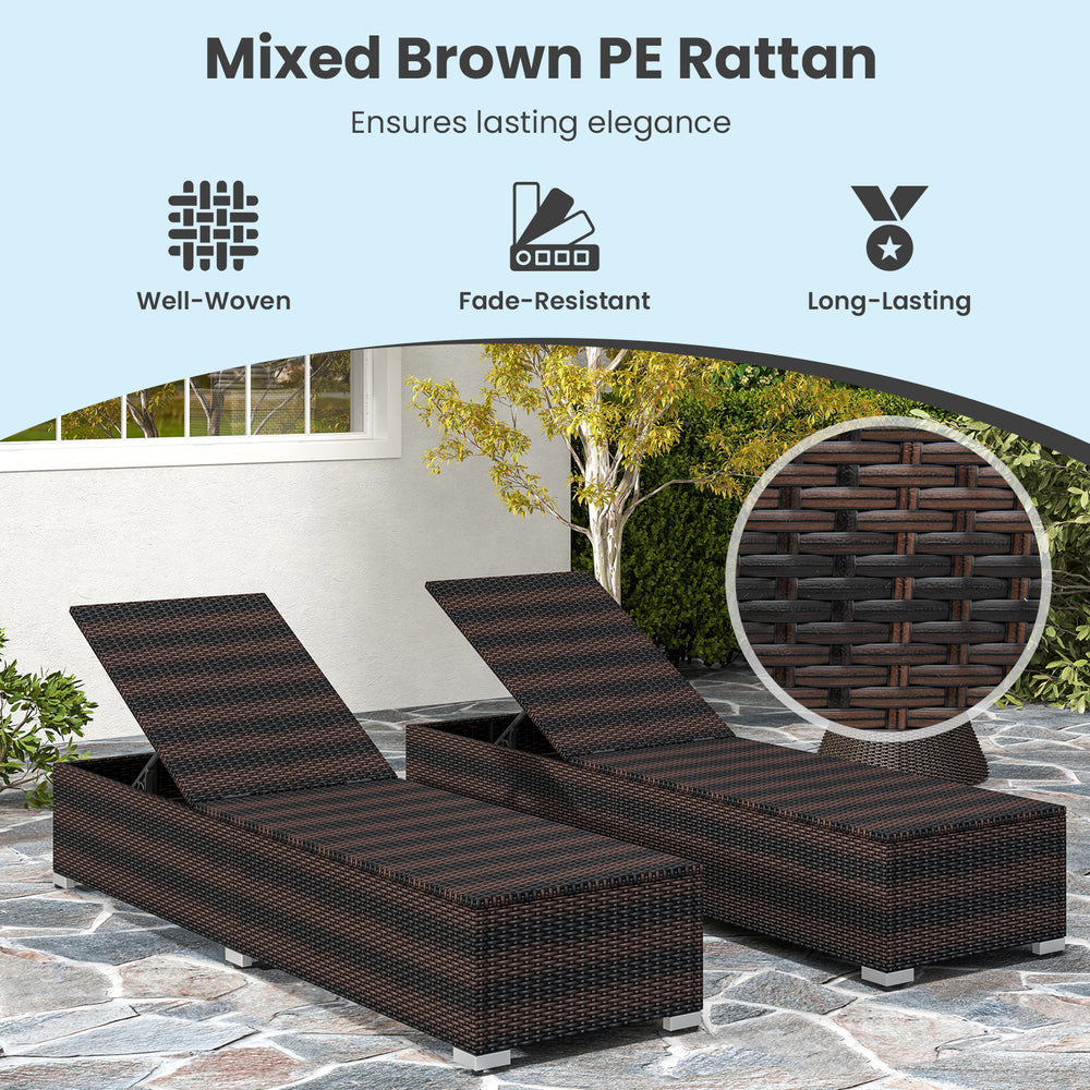 Patio wicker lounge chair in mixed brown PE rattan with adjustable 4-position backrest and long seat cushion for.