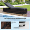 Patio wicker lounge chair with adjustable backrest, brown PE rattan, and plush cushion for outdoor comfort.
