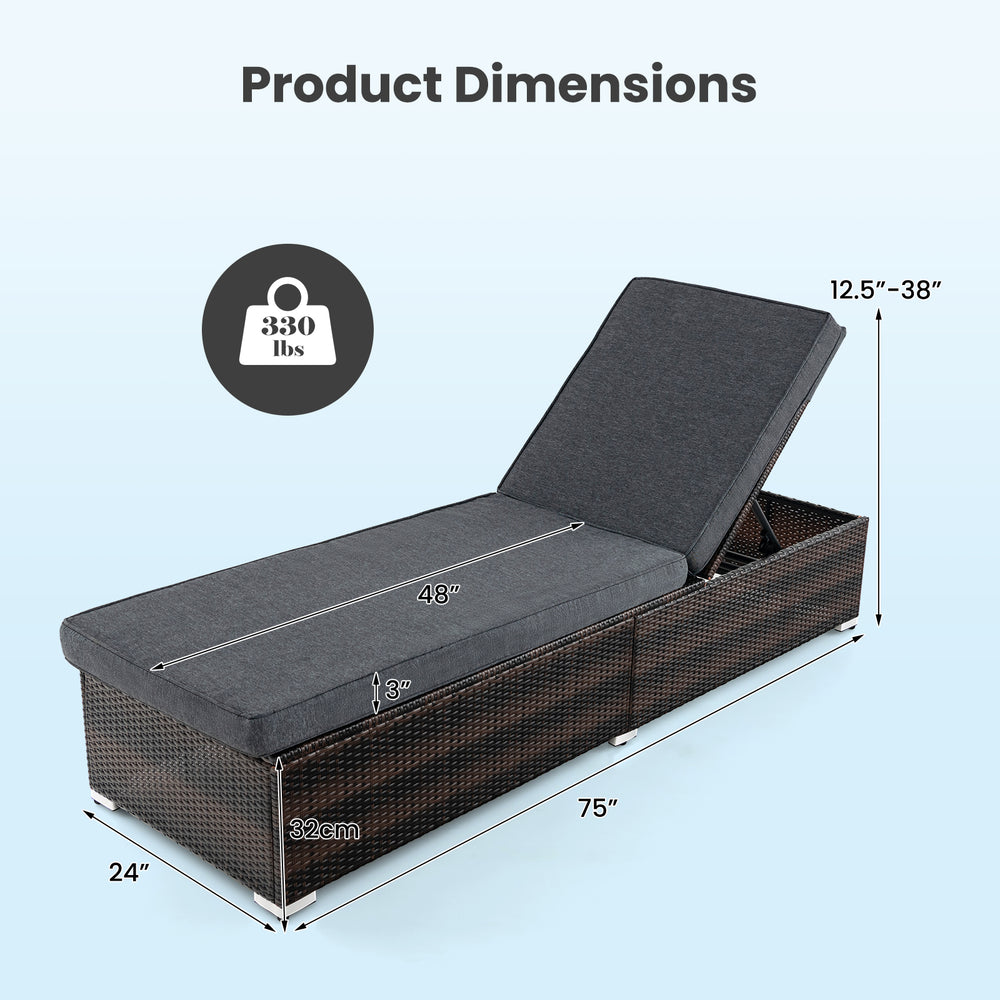 Patio wicker lounge chair with adjustable backrest, brown PE rattan, and long cushion dimensions for outdoor comfort.