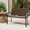 Patio wicker loveseat chair with acacia wood armrests and metal frame, perfect for backyard or garden seating.