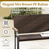 Patio wicker loveseat chair featuring hand-woven PE rattan, acacia wood armrests, and a sturdy metal frame for outdoor.