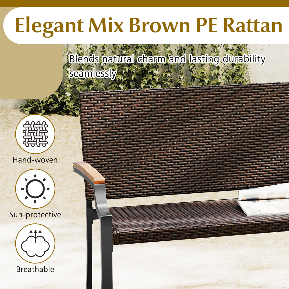 Patio wicker loveseat chair featuring hand-woven PE rattan, acacia wood armrests, and a sturdy metal frame for outdoor.