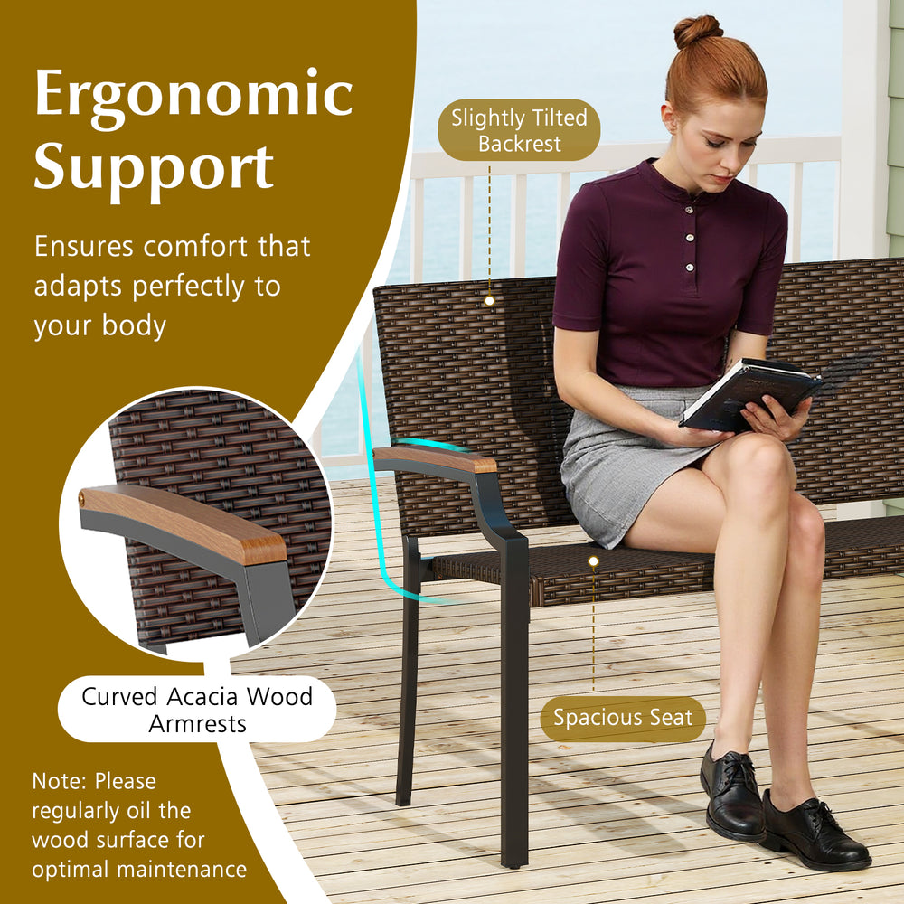 Patio wicker loveseat chair featuring ergonomic support, acacia wood armrests, and a sturdy metal frame for outdoor.