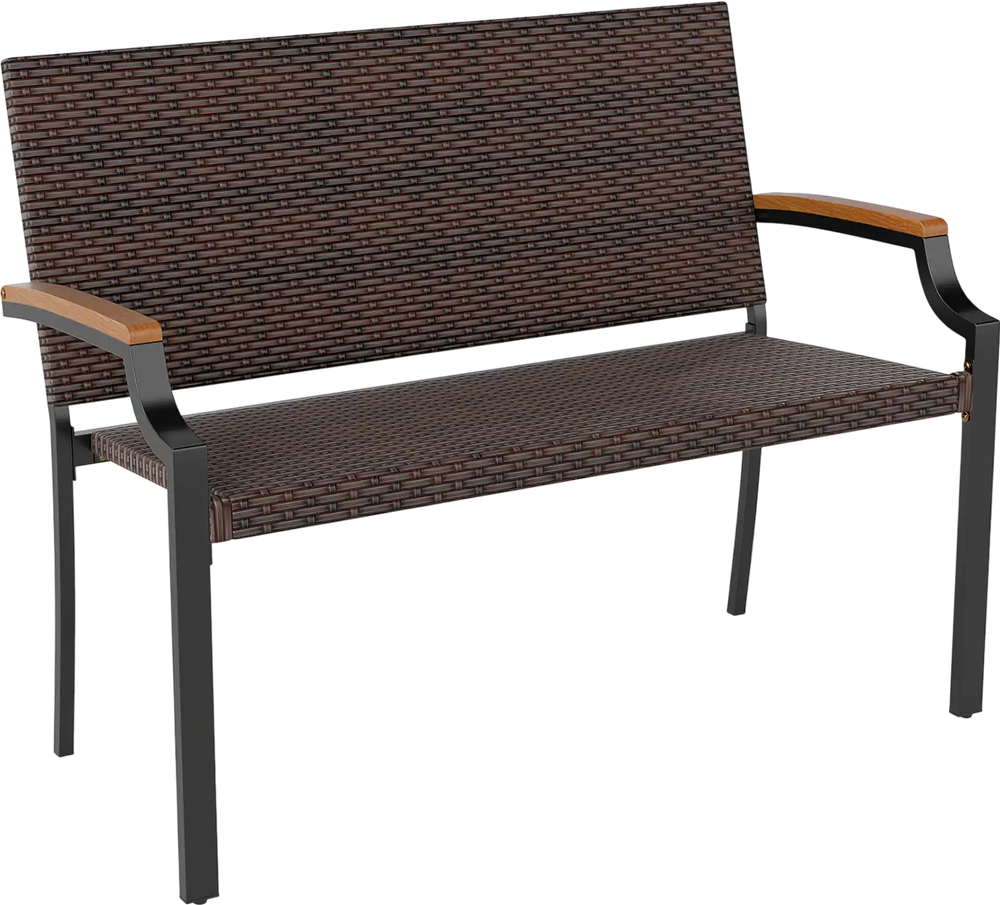 Patio Wicker Loveseat Chair with Acacia Wood Armrests and Metal Frame