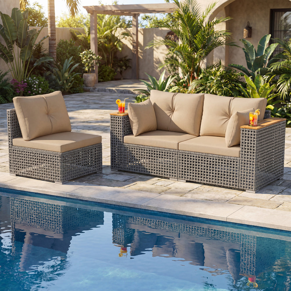 Patio Wicker Sectional Furniture Set with 1 Armless and 2 Corner Sofas for Garden-Beige - Gallery View 1 of 12