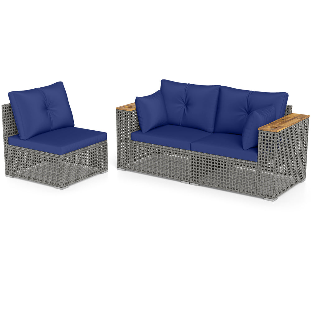 Patio wicker sectional furniture set with navy cushions, featuring a 3-seat sofa and armless chair for outdoor comfort.