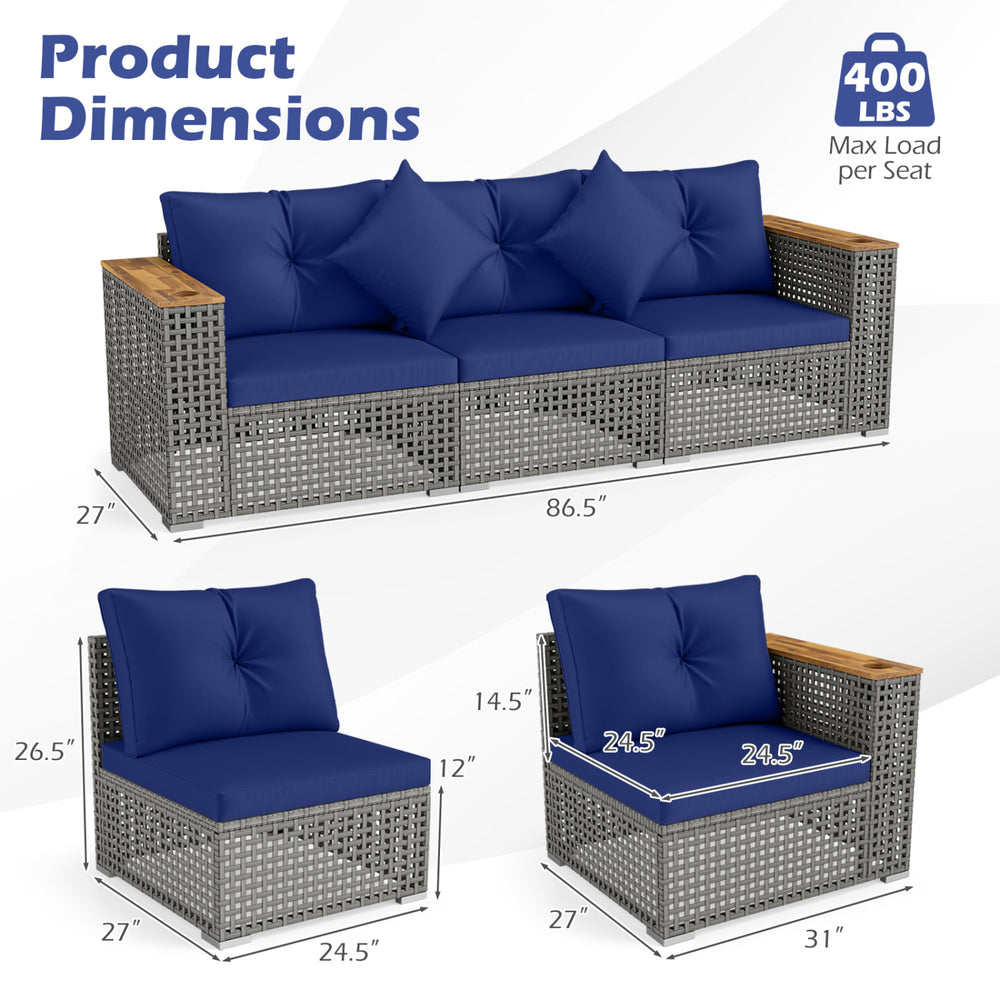 Patio wicker sectional furniture set with navy cushions, showcasing dimensions and modular design for flexible seating.