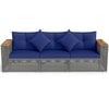Navy blue patio wicker sectional sofa with acacia wood armrests and removable cushions for outdoor comfort.