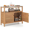 Acacia wood patio storage cabinet with marble-like countertop, featuring two doors for versatile outdoor organization.