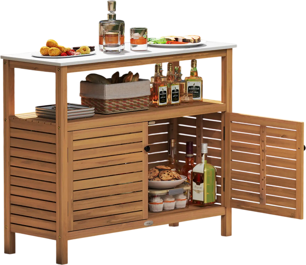 Acacia wood outdoor storage cabinet with marble-like countertop and two doors, perfect for backyard organization.