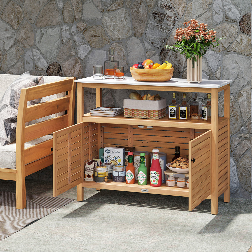 Patio wood storage cabinet featuring acacia wood, marble-like countertop, and versatile storage for outdoor.