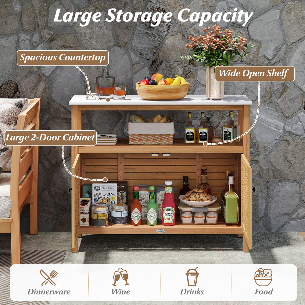 Patio wood storage cabinet featuring a spacious countertop, acacia wood construction, and large 2-door cabinet for.