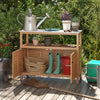 Patio wood storage cabinet in acacia wood with a marble-like countertop, ideal for outdoor kitchen organization.