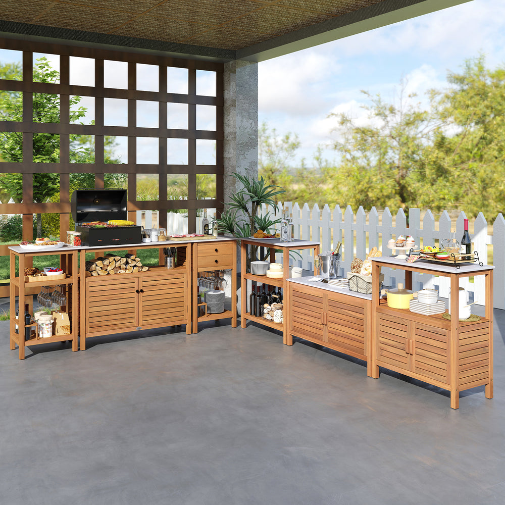 Acacia wood outdoor buffet cabinet with spacious countertop and shelves, perfect for backyard organization and outdoor.