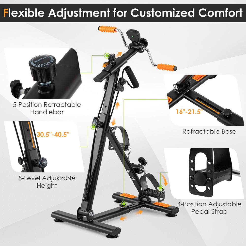 Pedal exerciser with adjustable height and resistance for arm and leg workouts, featuring a sturdy metal frame and LCD.