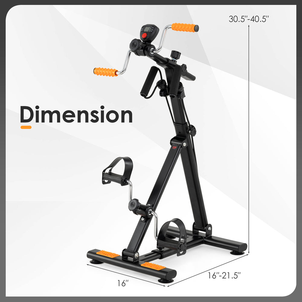 Adjustable pedal exerciser with resistance bands, LCD display, and sturdy metal frame for arm and leg workouts.