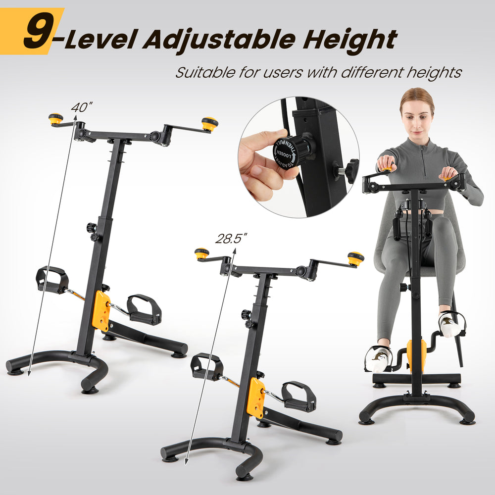 Pedal exerciser with adjustable height and handgrip, designed for seniors, featuring 9 levels and stable construction.