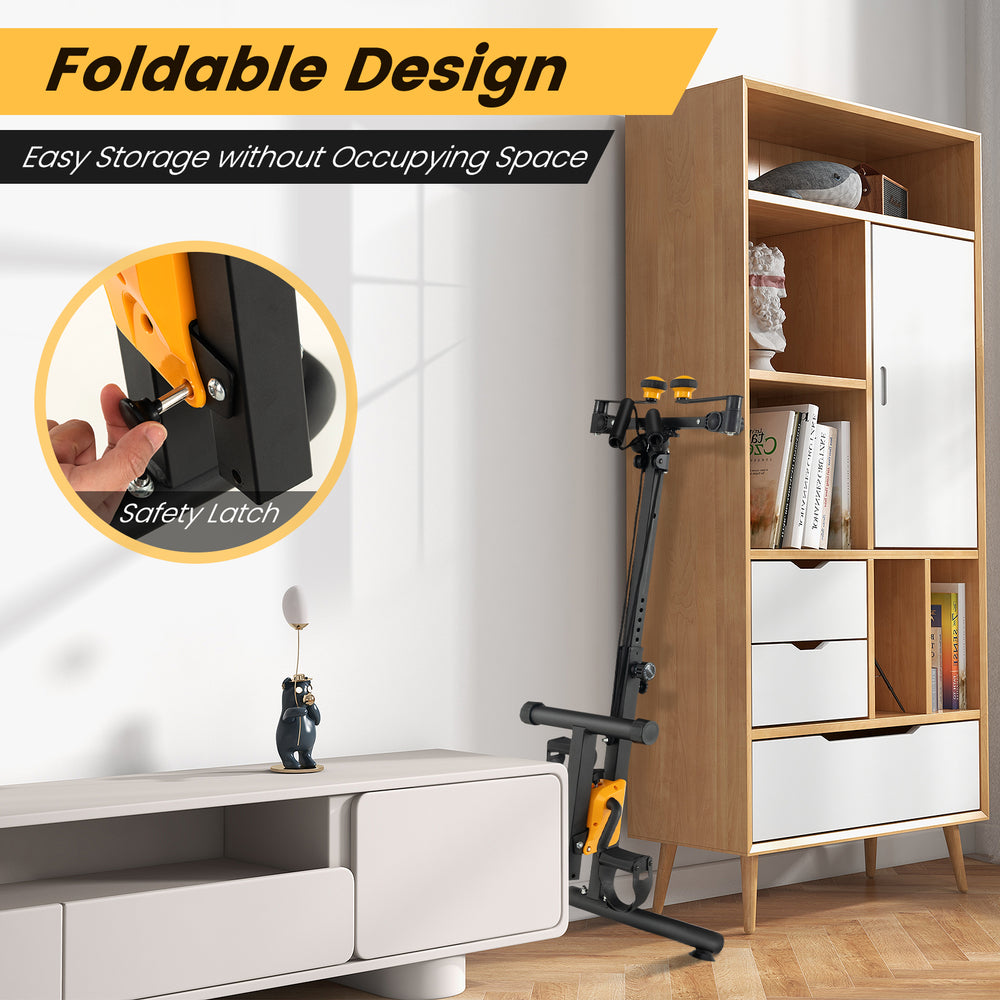 Foldable pedal exerciser with adjustable handgrip, featuring 9-level height and resistance for seniors' gentle workouts.