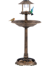 Pedestal bird bath with solar light in bronze, featuring a bird feeder and flower planter for outdoor gardens.