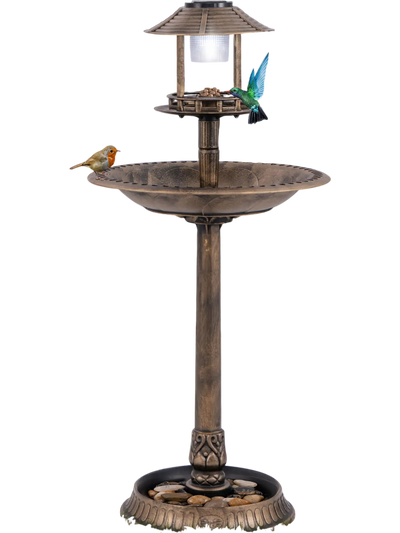 Costway Solar Lighted Pedestal Bird Bath Bird Feeder Planter Bronze 67824195 New