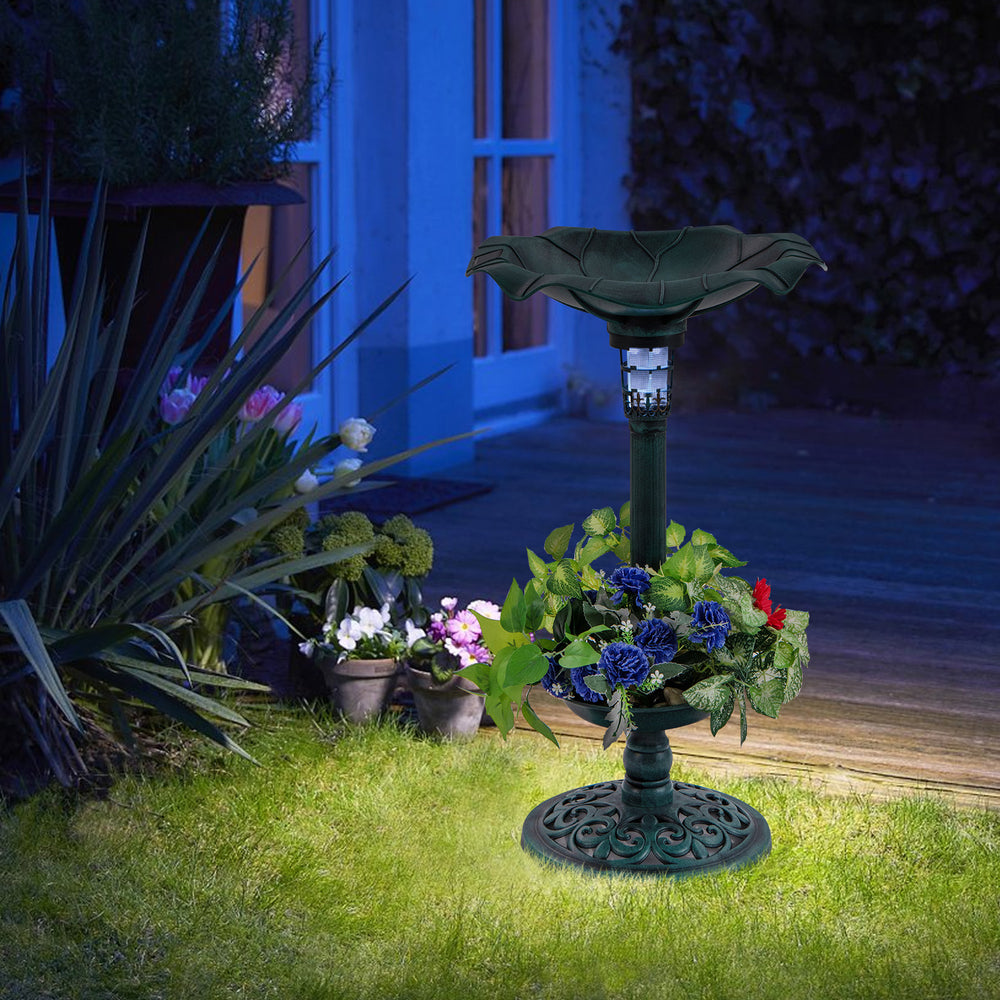 Standing Pedestal Birdbath and Feeder Combo with Lotus Leaf Bowl-Green - Gallery View 1 of 10