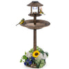 Pedestal bird bath with solar light, bird feeder, and flower planter in bronze, perfect for garden decor and bird.