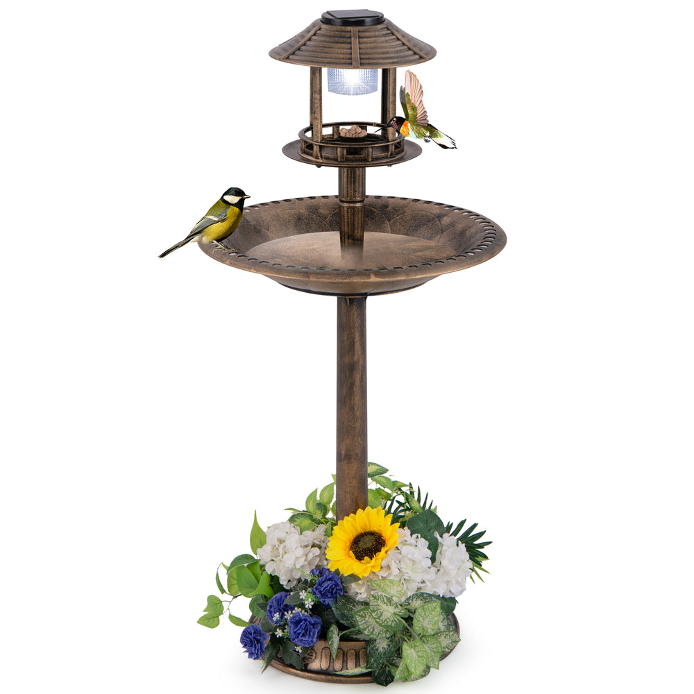 Pedestal bird bath with solar light, bird feeder, and flower planter in bronze, perfect for garden decor and bird.