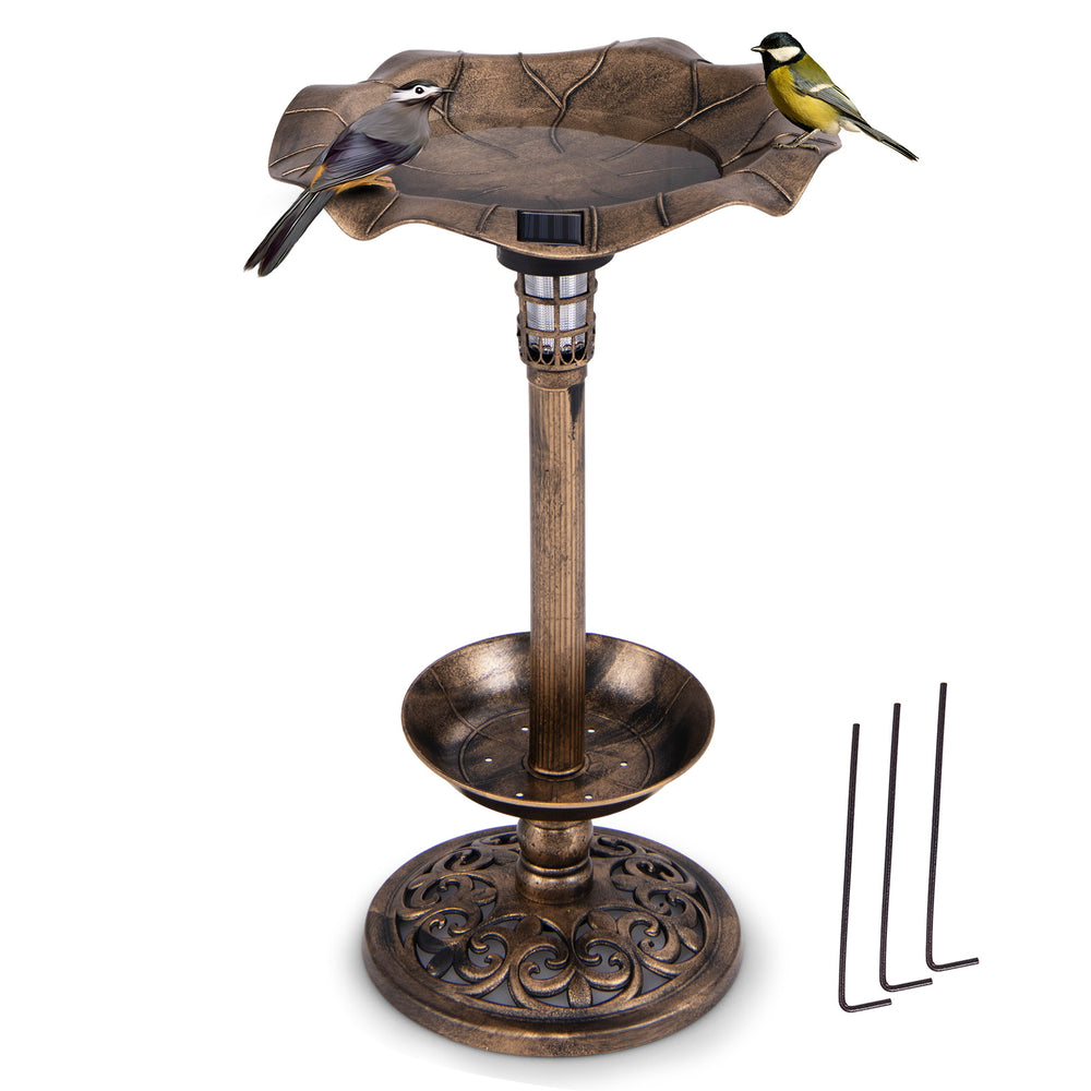 Standing pedestal birdbath and feeder combo in bronze with lotus leaf bowl, ideal for outdoor bird bathing and feeding.