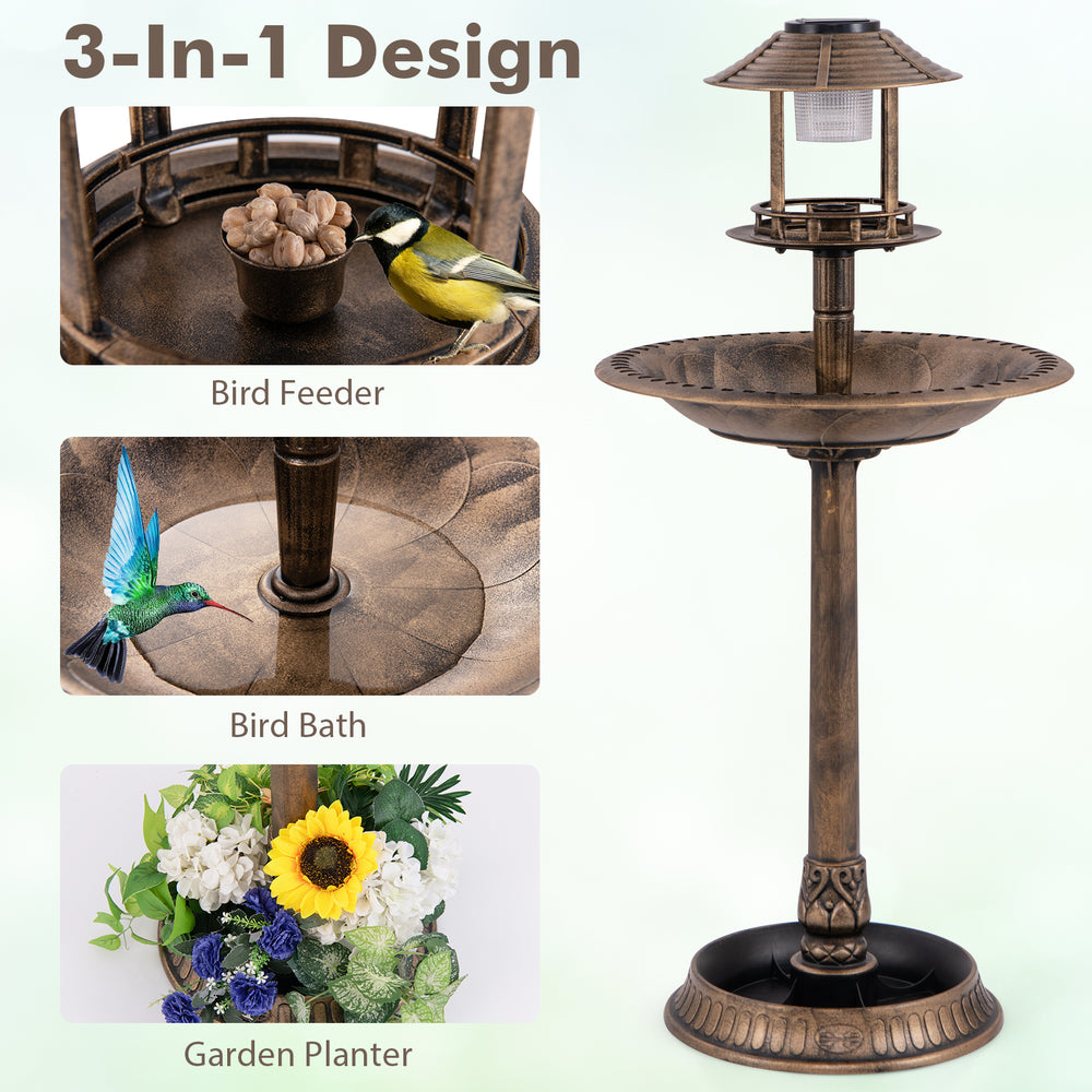 Pedestal bird bath with solar light, featuring a bird feeder and flower planter, perfect for garden decor.