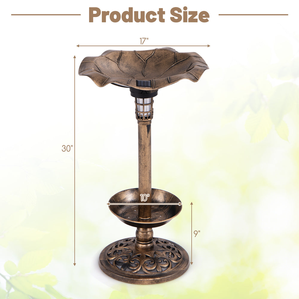 Standing pedestal birdbath and feeder combo with lotus leaf bowl, bronze finish, measuring 30 inches tall for outdoor.