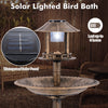 Pedestal bird bath with solar light, bronze finish, featuring bird feeder and flower planter for outdoor decor.
