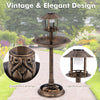 Pedestal bird bath with solar light, featuring exquisite carvings, for garden decor and bird feeding.