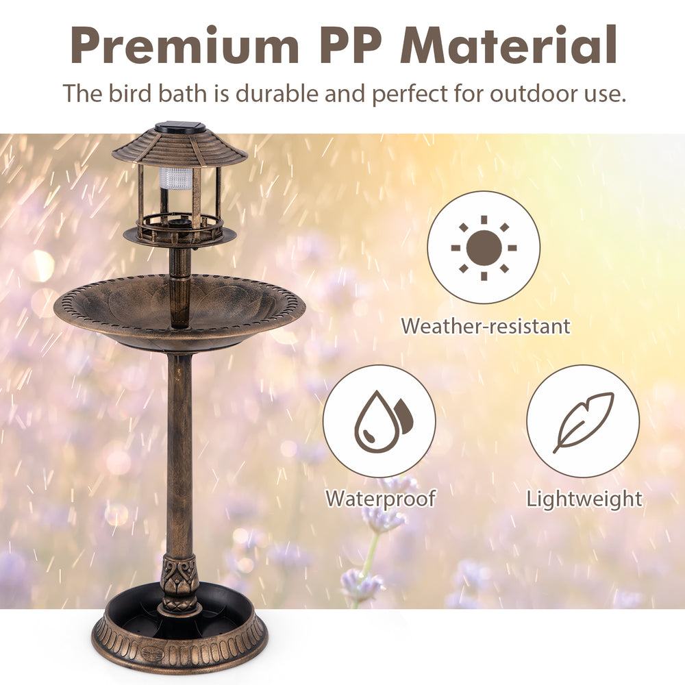 Pedestal bird bath with solar light in bronze, featuring a bird feeder and flower planter, perfect for outdoor use.