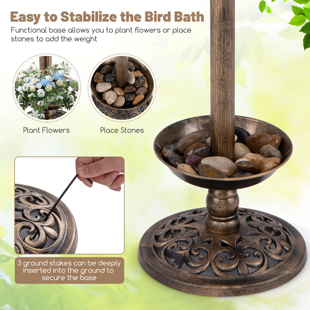 Standing pedestal birdbath with lotus leaf bowl, bronze finish, featuring a stable base for flowers or stones.