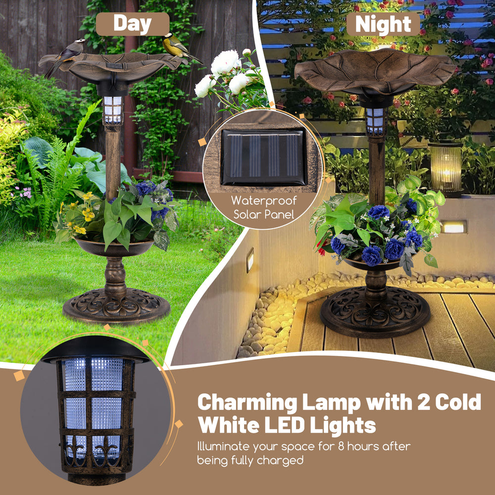 Standing pedestal birdbath and feeder combo in bronze with lotus leaf bowl, featuring cold white LED lights for outdoor.